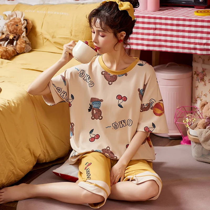 

Cotton Women's Pajamas Set Short Sleeve Calf-Length Summer Pajamas Kawaii Cherry Bears Pattern Nightwear Soft Casual Sleepwear