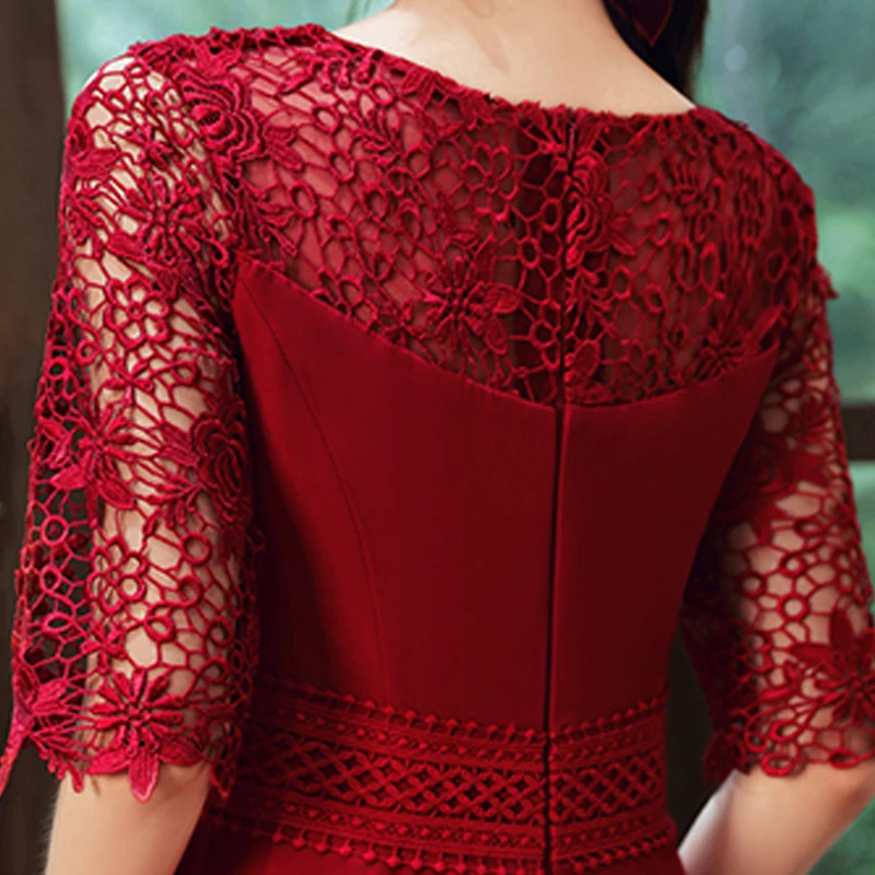 

Burgundy Embroidery O-Neck Evening Dress Empire Half Sleeves Pleat Tea-Length Zipper Back A-Line Woman Formal Party Gowns A1178