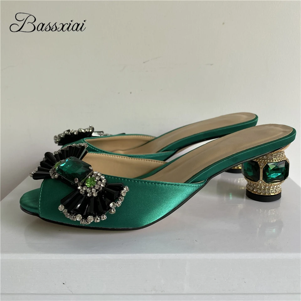 

Diamond Candy Butterfly-knot Sandals Women Jeweled Rhinestone Heel Slingbacks Peep Toe Luxury Satin Summer Mules