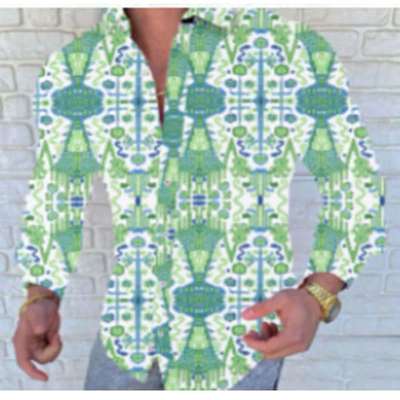 Fashion Punk Style Men's Silk Satin Black White stripe printing Shirts Male Slim Fit Long Sleeve Flower Casual Party Shirt Tops