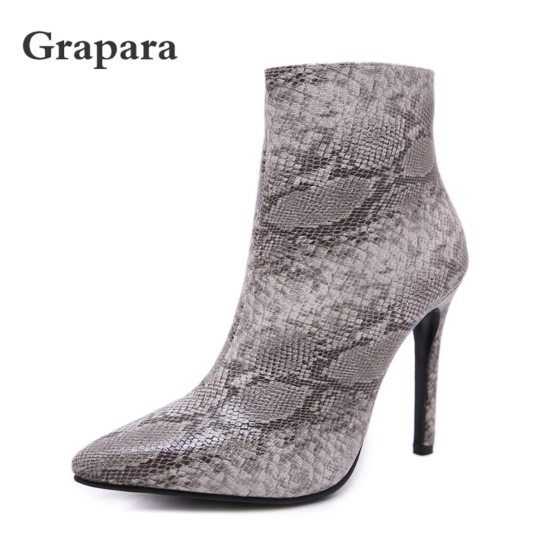 Женские ботинки на молнии из ПУ кожи со змеиным принтом | Обувь