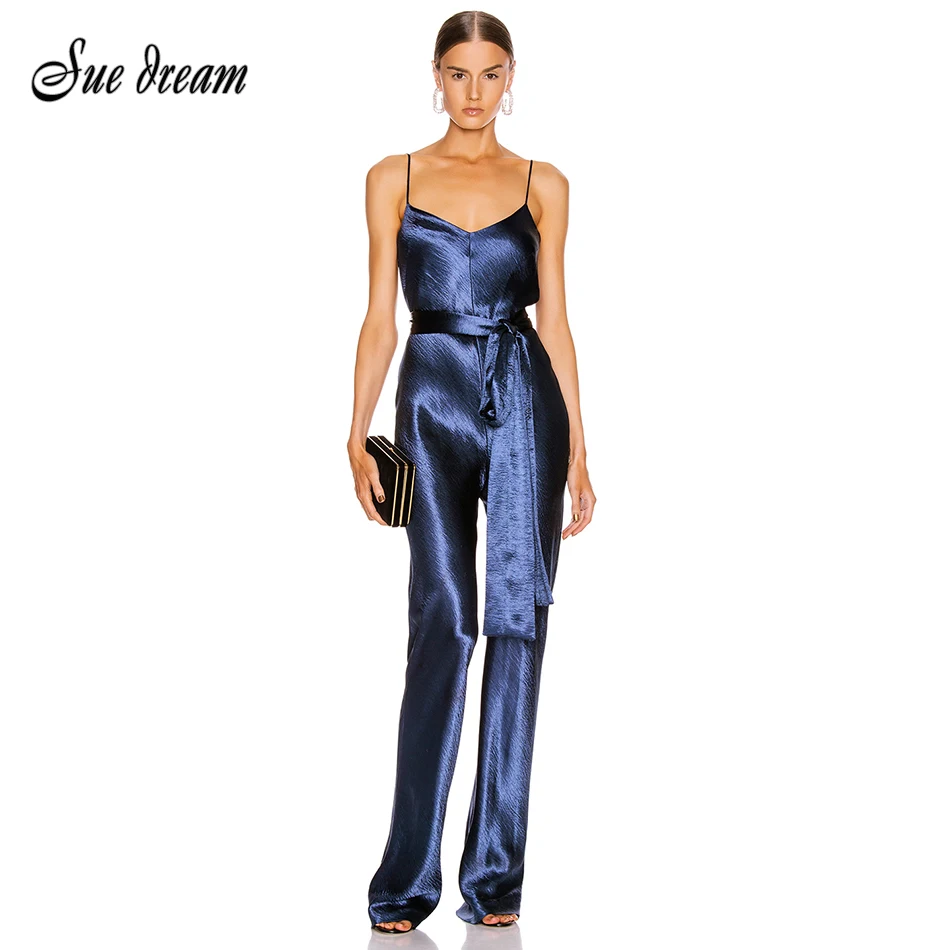 2020 Летний Новый женский модный сексуальный темно синий комбинезон на бретельках