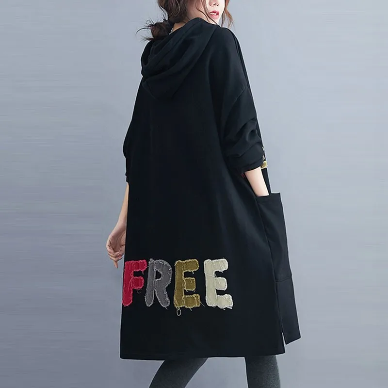 

Oversized Women Casual Dress New 2020 Autumn Simple Style Solid Color Loose Comfortable Female Hooded Knee-length Dress S2103