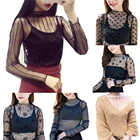 Кружевная рубашка с воротником-стойкой и длинными рукавами, сетчатая рубашка, женские топы, черная рубашка, сексуальный прозрачный топ