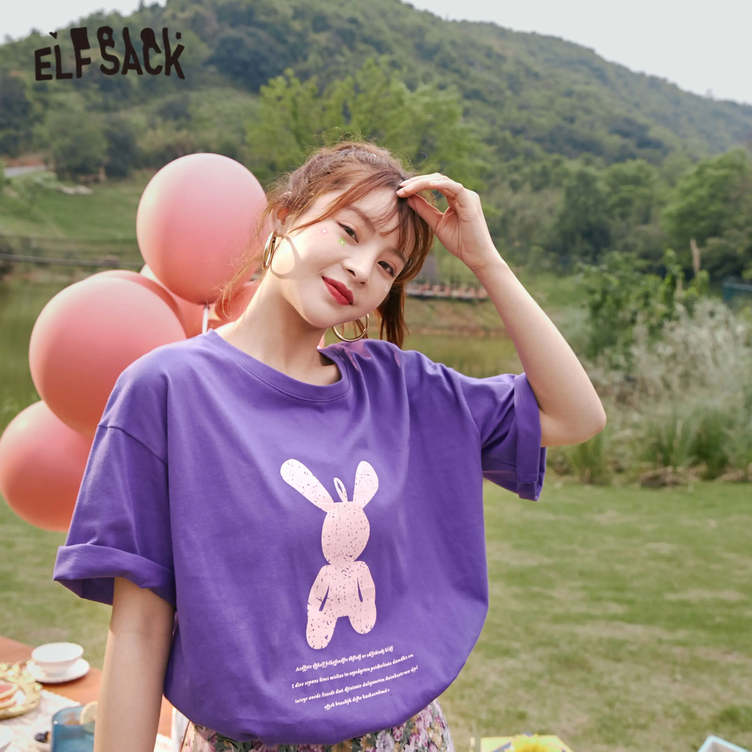 Женские повседневные футболки ELFSACK лавандовые или фиолетовые с принтом кролика в