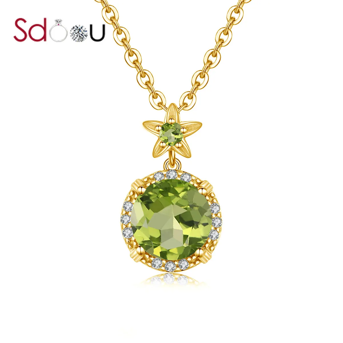 

SDOOU Women Silver 925 Pendant Flower Round Gemstone Green Peridot 14K Gold Necklace Pendant Korean Fashion Fine Jewelry Gift