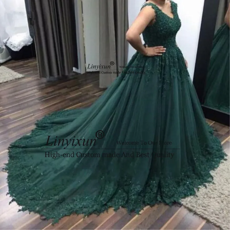 

Robe de soiree Dark green Long ball gown Prom Dresses 2020 Lace Applique Sweep Strain V Neck Formal Evening Dress Plus Size