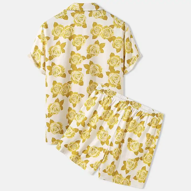 

Men's summer casual fashion beach suit short-sleeved button shirt tie rope shorts two-piece Hawaiian print casual men's suit