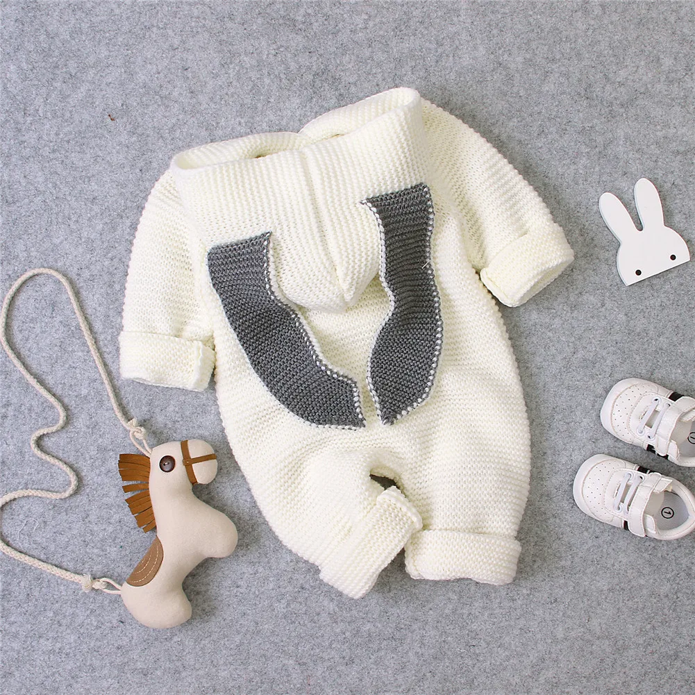 0-24M Autumn Winter Infant Kids Girls Boys Rompers Knit Solid Long Sleeve 3D Ears Hooded Jumpsuits Clothes