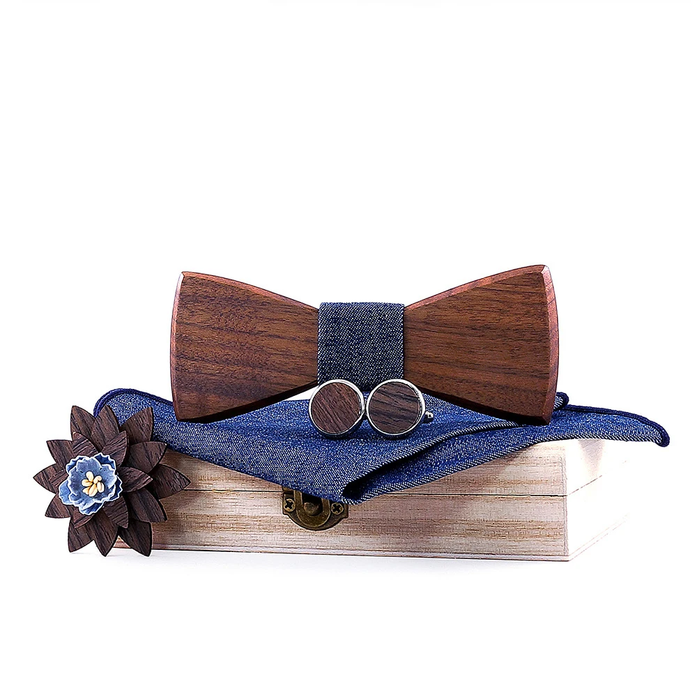 

Мужской классический деревянный комплект из галстука-бабочки, носового платка и запонок