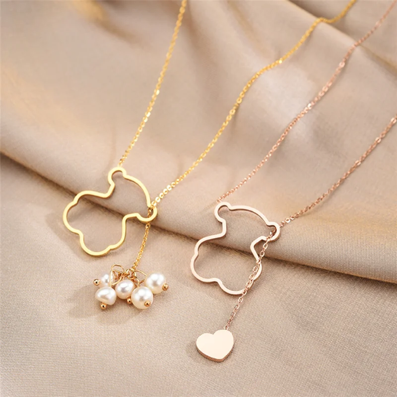 

Fashion Jewelry For Women Stainless Steel Necklace Cute Heart Bear Design High Pearl Necklace Pendant Chain Girl Gift Accessorie