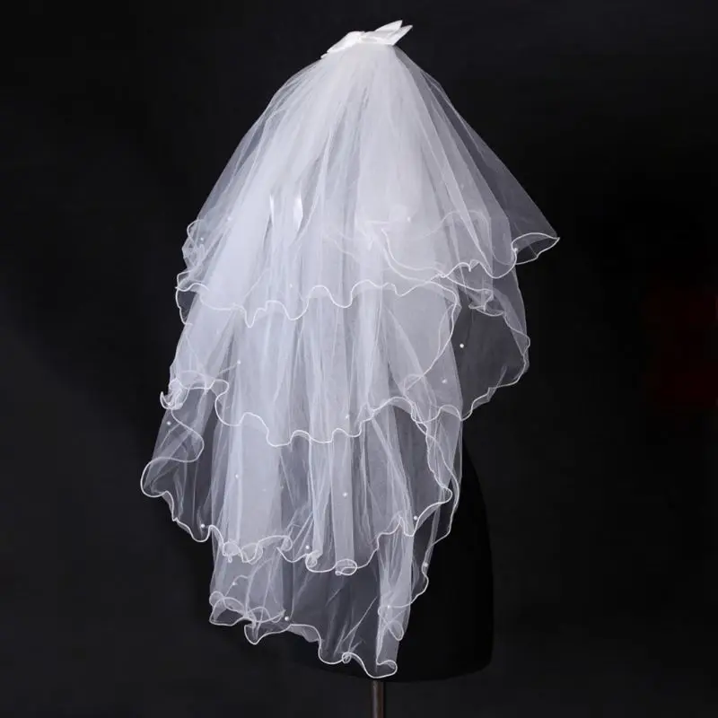 

2021 New Tulle Wedding Dress Veils White Bowknot Bridal Multi Layer Hair Veil Comb Faux Pearls Bride Fairy Marriage Accessories