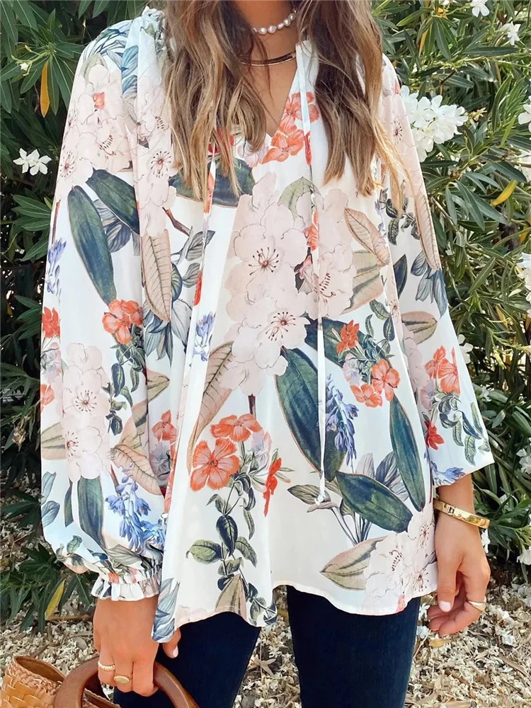 

2021 New Printed Long-sleeved Chinese Style Commuter Small V-neck Printed Plus Size Shirt