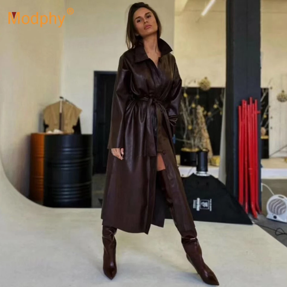 

Long Oversized Leather Trench Coat For Women Long Sleeve Lapel Loose Fit 2020 Autumn Winter New Black Female Clothing Streetwear