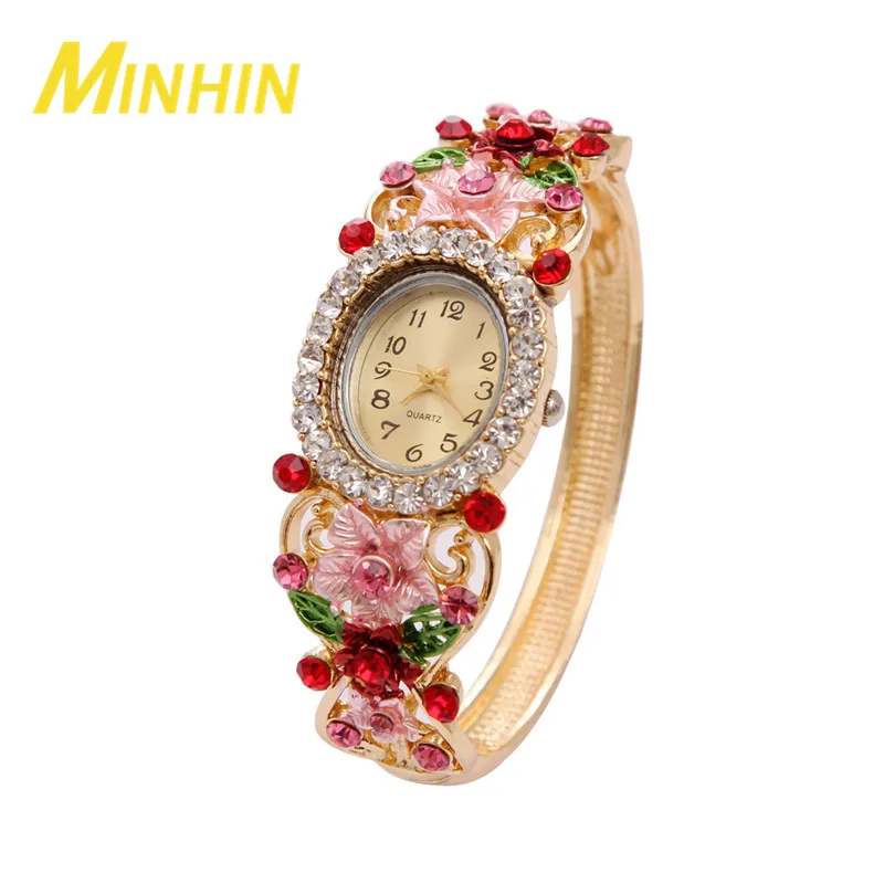 Роскошные женские часы бренд MINHIN браслет с цветком и кристаллами милый подарок