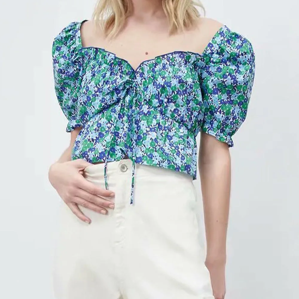 

DiYiG WOMANSummer new women's sweet aging square collar bowknot printed short shirt top