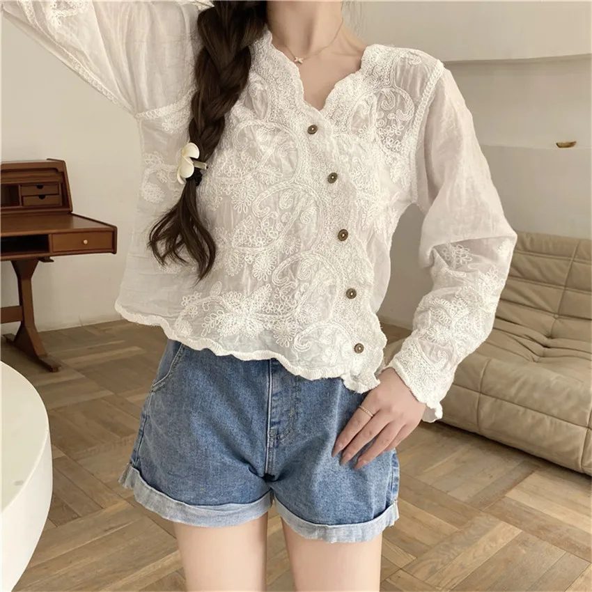 

Chic Fashion Crop Top Cotton Linen Shirt Women Spring Autumn Long Sleeve Embroidery Boho Shirts Blouse Elegant Blusa Cropped