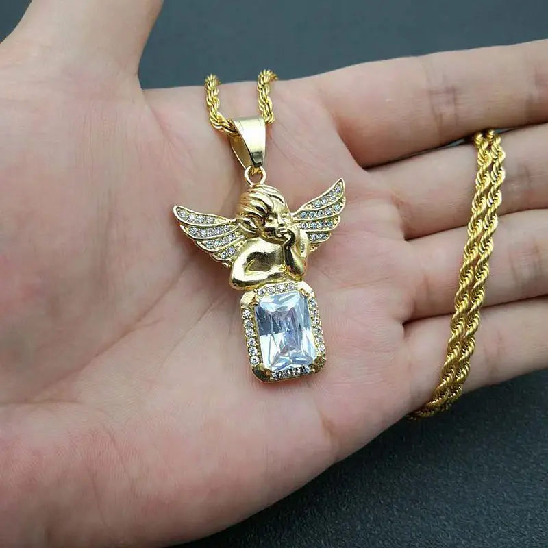 

Hip Hop Rhinestones Paved Bling Iced Out Gold Silver Color Stainless Steel Angel Pendants Necklace for Men Rapper Jewelry