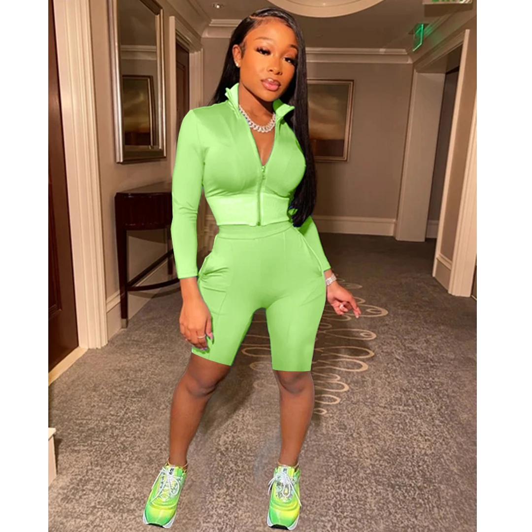 

Women Casual Daily Sport Outfits Bandage Shinny Zippers V-neck 2 Piece Set Women Full Sleeve Top Short Pant Sets
