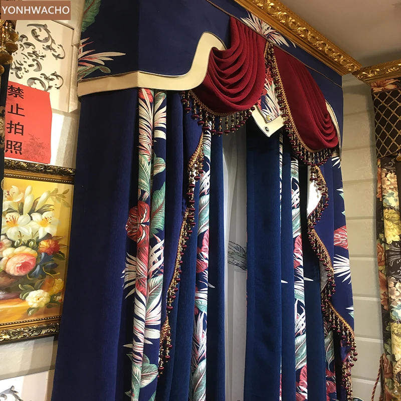 

Custom curtain Luxury American country retro thick chenille jacquard blue cloth blackout curtain valance tulle panel C668