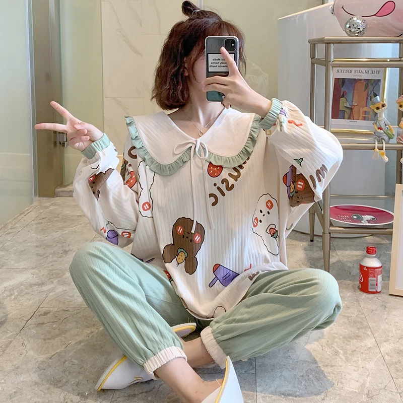 

Пижама женская весенне-осенняя хлопковая с длинным рукавом милый кролик костюм-двойка большого размера Свободный стиль принцессы летний д...