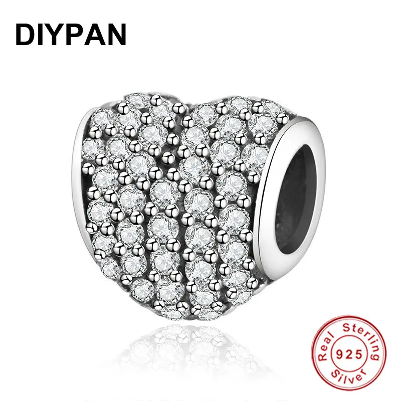 

Fit Original Pandora Charms Bracelets 925 Sterling Silver Heart Charms Pave Clear Zircon Beads For Jewelry Making Women Berloque
