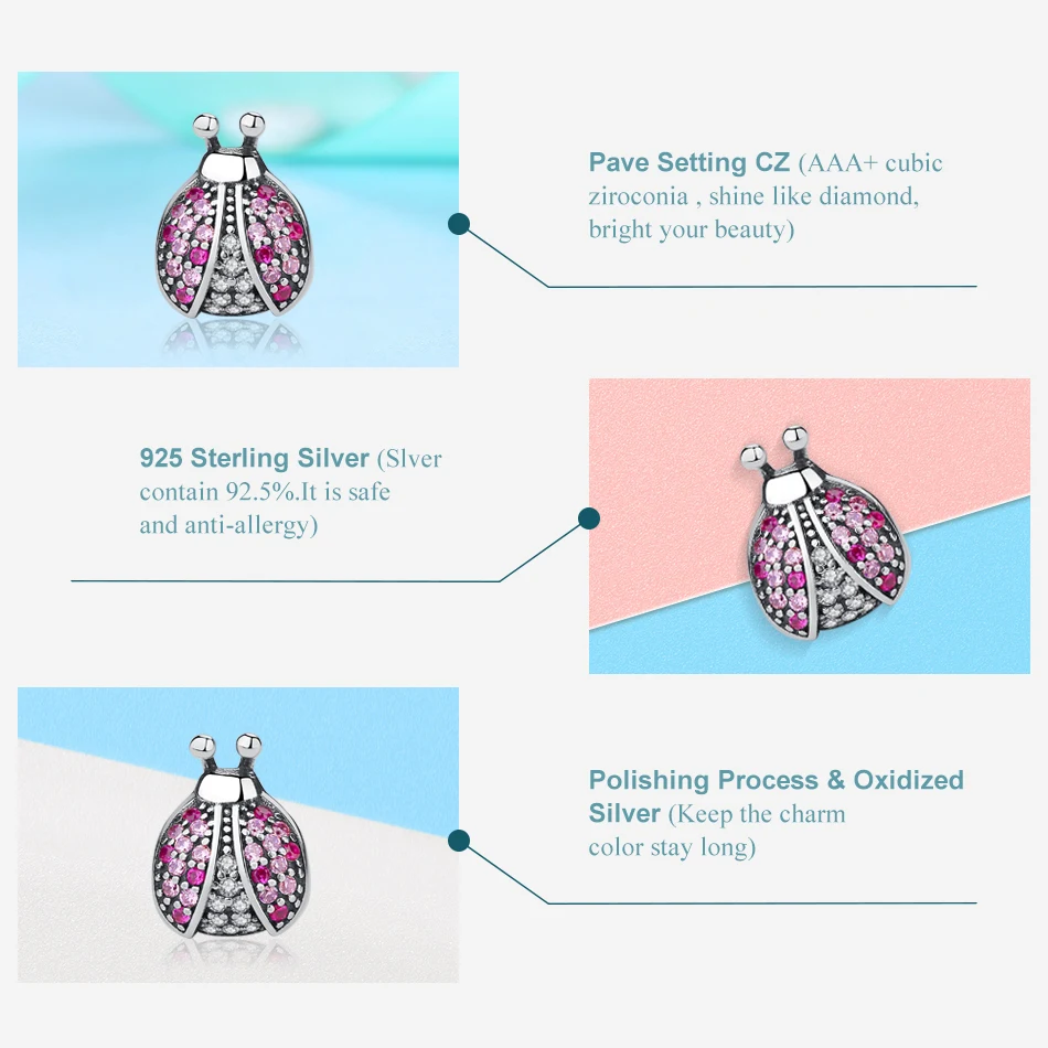 Новый 925 пробы серебряная подвеска в виде божьей коровки розового цвета с