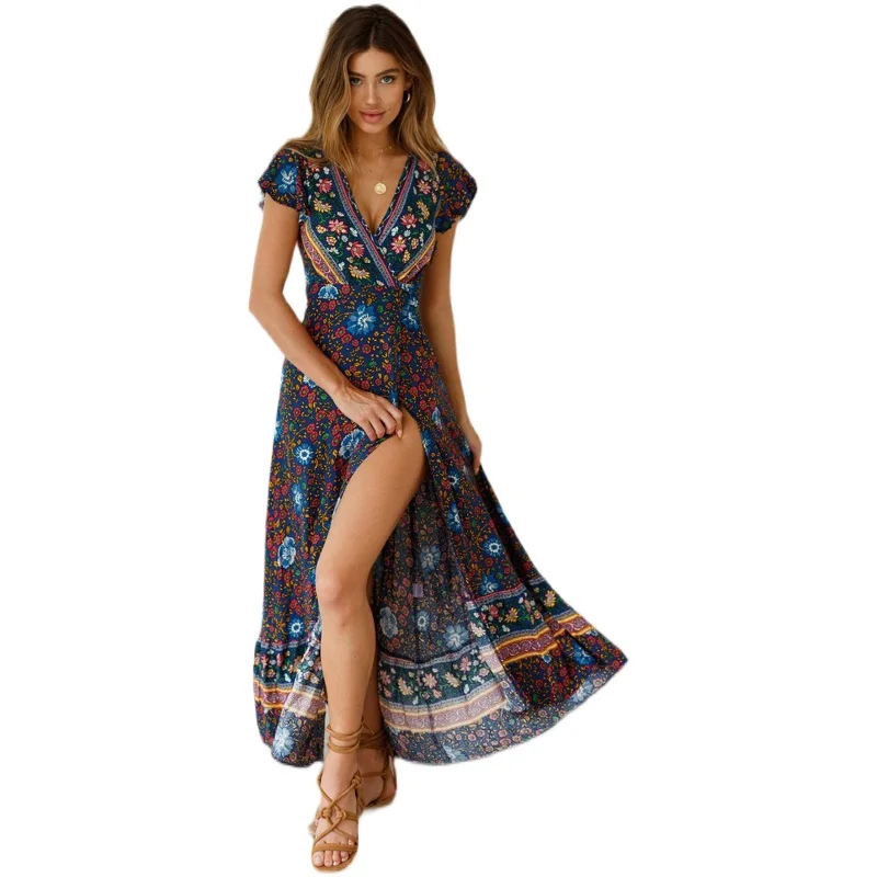 

Independent stand hot style wish Bohemian adah pendulum v-neck short-sleeved dress skirt belt printing beach holiday