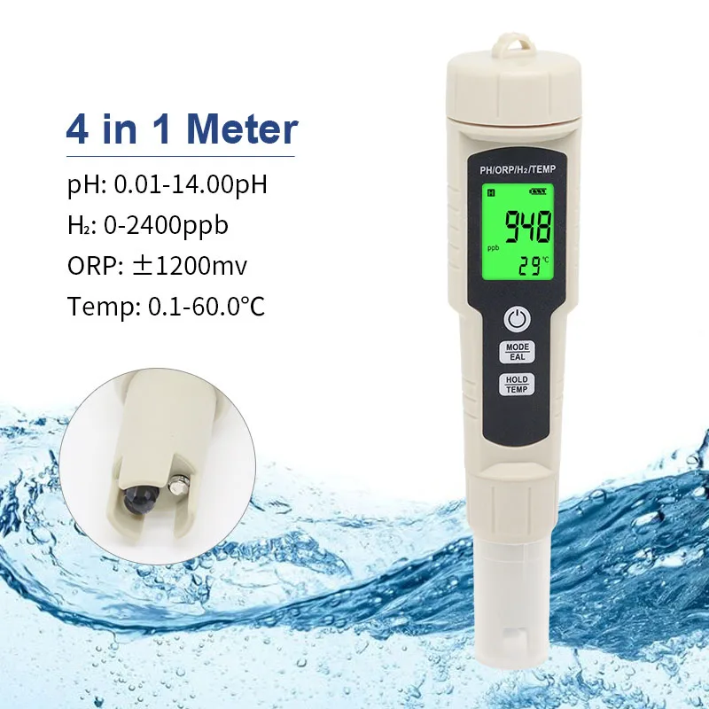 Цифровой измеритель качества воды тестер 4 в 1 H2/PH/ORP/TEMP для бассейнов питьевой