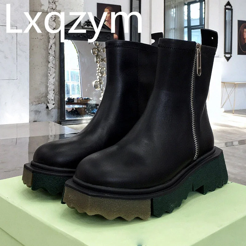 

Brand New AutumnThick Sole Zip Martin Boots Woman Genuine Leather Round Toe Ankle Boots Woman Cowhide Motorcycle Boots For Woman