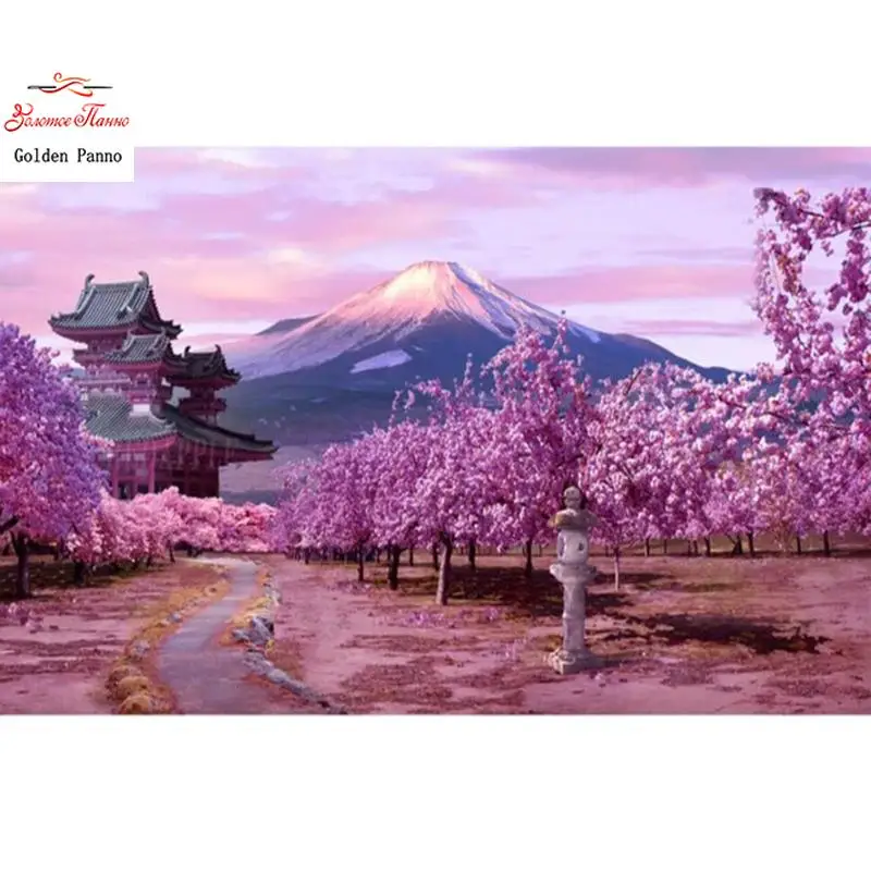 Diamond Painting Cross Stitch Pink Cherry Blossom Scenery Diamond Embroidery Square Rhinestone Decoration