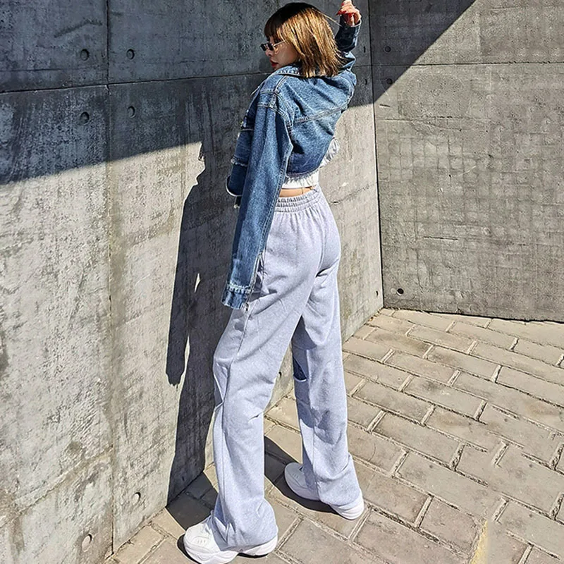 

SeeBeautiful Denim Stitching Elastic High Waist Trousers Holes Pocket Loose Casual Pants New Fashion 2021 Spring Women E180