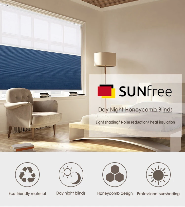 Двойные сотовые жалюзи SUNFREE для дня и ночи с функцией затемнения и фильтрации света, система управления шнуром, настраиваемый размер.