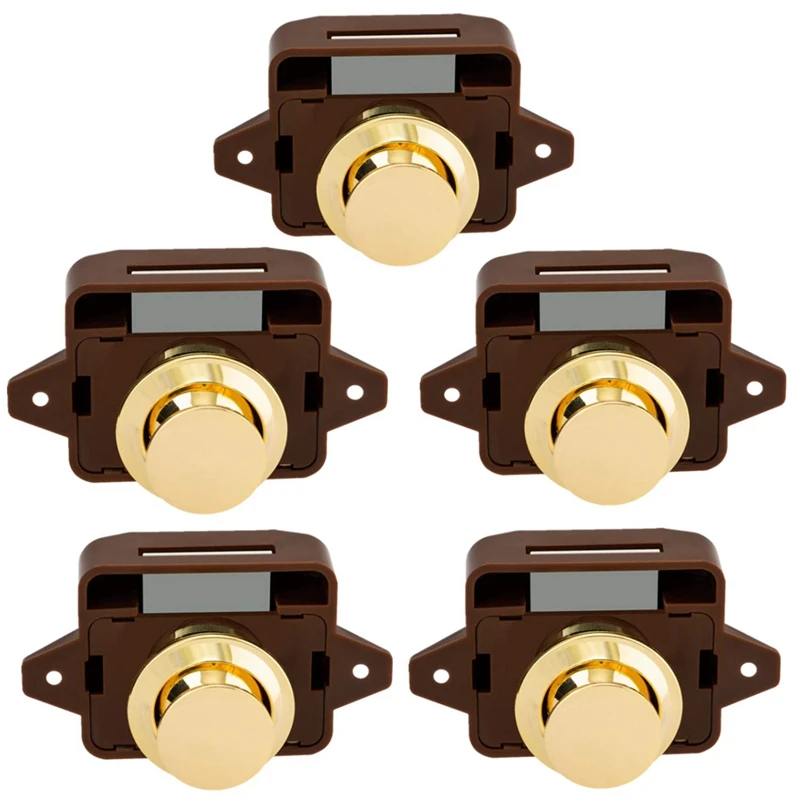 5Pcs Keyless Push Button Catch Door Knob Lock for RV Caravan Cabinet Boat Motor Home Cupboard, Brown Gold