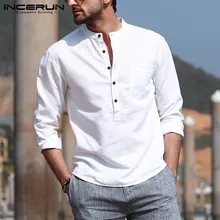 INCERUN Mens Casual Shirt Cotton Solid Color Long Sleeve Blouse Chic Stand Collar Fashion Handsome Tops 2021 Streetwear Camisas