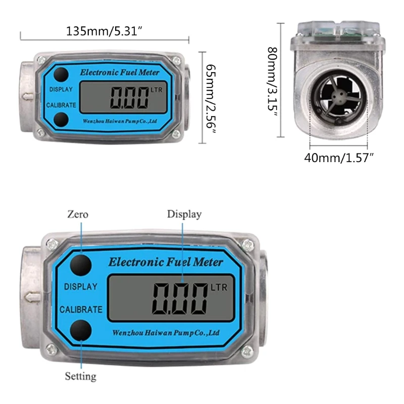 

OOTDTY Electronic Digital Flowmeter Liquid Water Turbine Flow Meter Fuel Oil Flowmeter 1.5 Inches 10-100gpm 38-380L/Min
