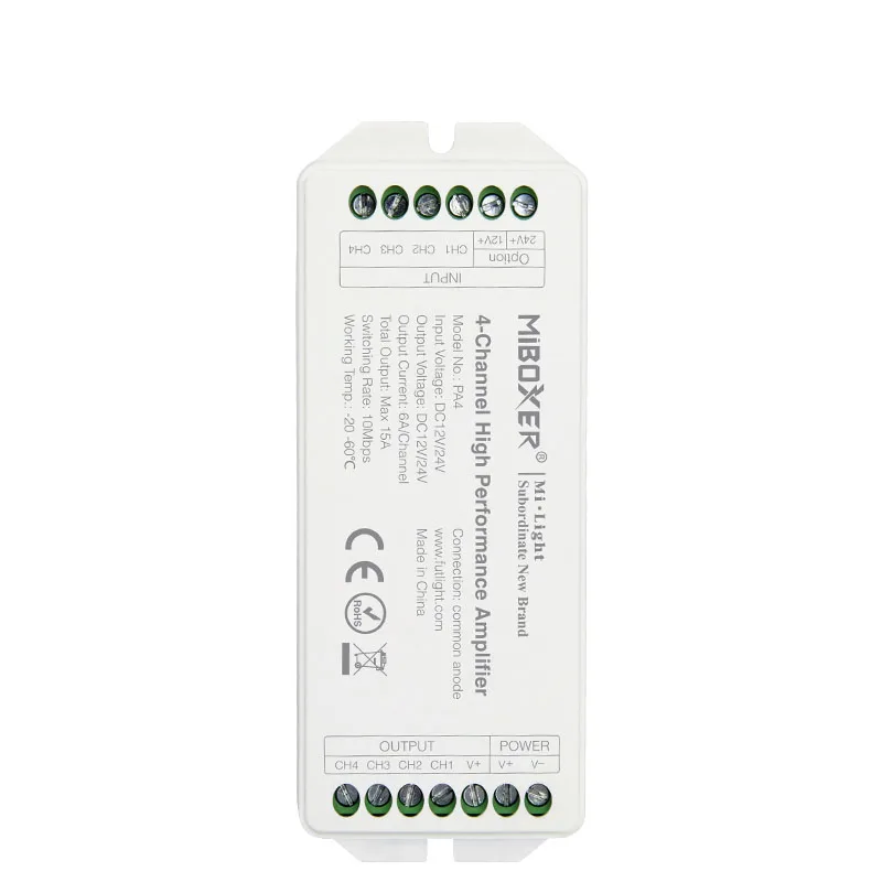 

DC12-24V 4 Channel High Speed Amplifier for 3528 5050 SMD RGB RGBW LED Strip Light 15A 360W