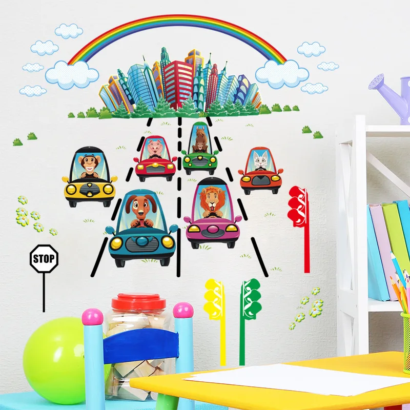 Мультфильм город Радуга животные Вождение на дорожном движении стены Переводные