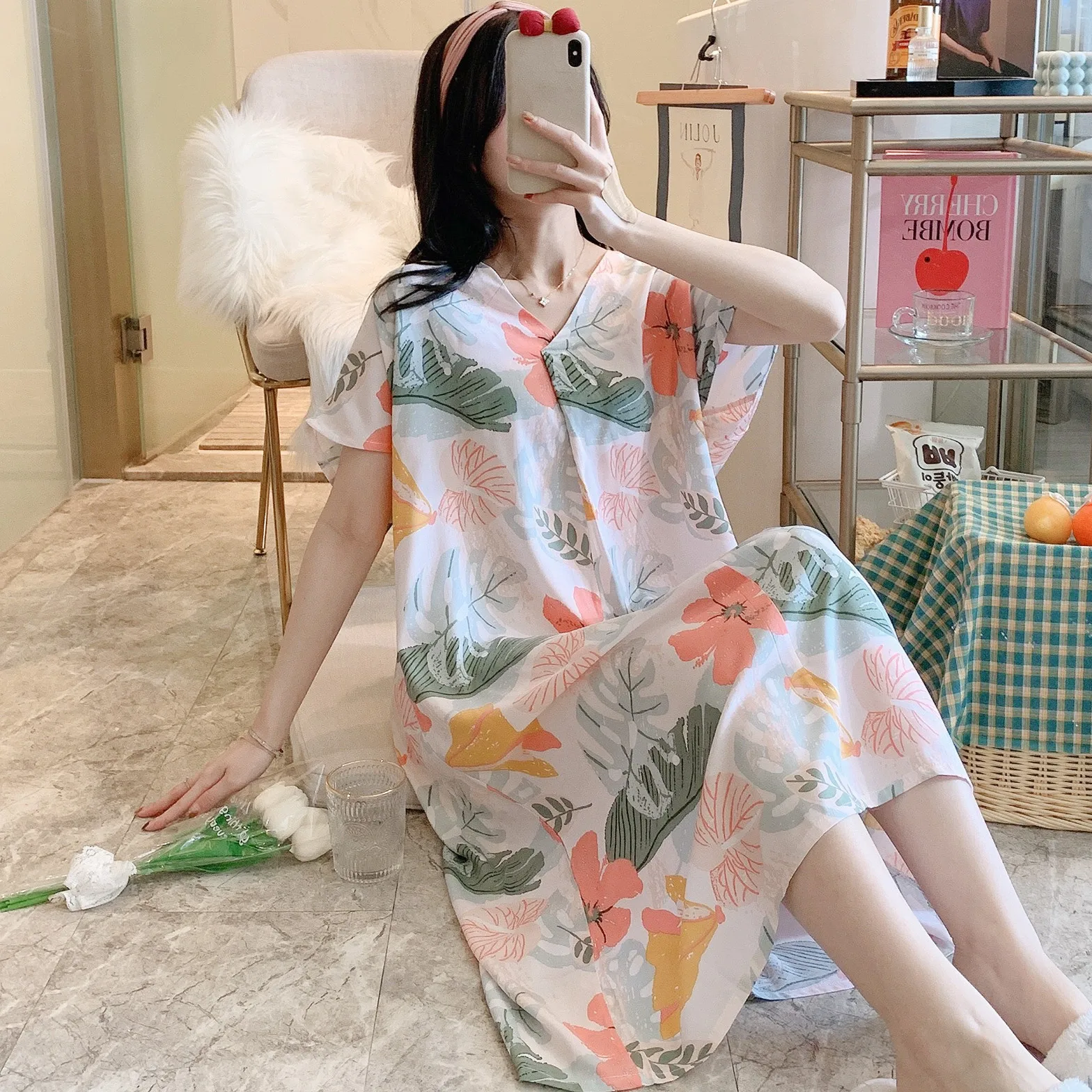 

Women's Pajamas Pajama Nightgown Female Thin Section Spring And Summer Cotton Silk Long short-sleeved Bourette Sweet Leisurewear