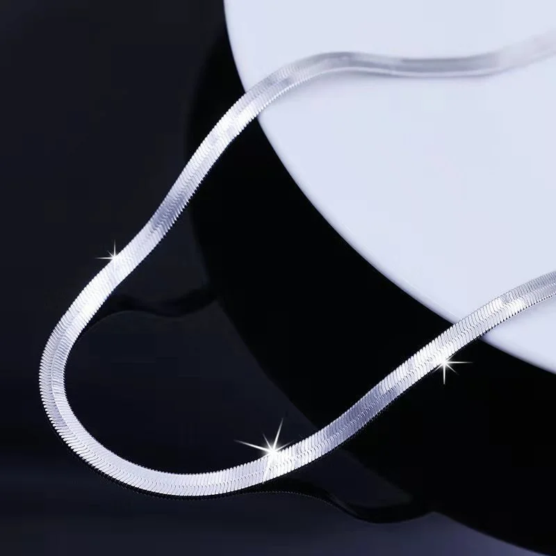

Pure 925 Sterling Silver 4MM Width Blade Chain Necklace Smooth Unisex Couple Lover Clavicle Collar Women Men Jewelry
