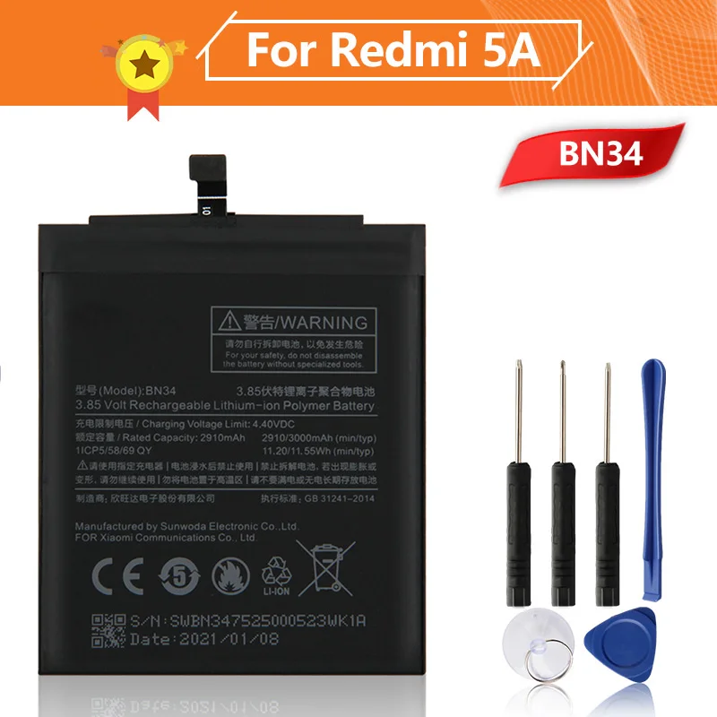bn34 phone battery for xiao mi redmi 5a redrice 5a 3000mah bn34 replacement battery tool free global shipping