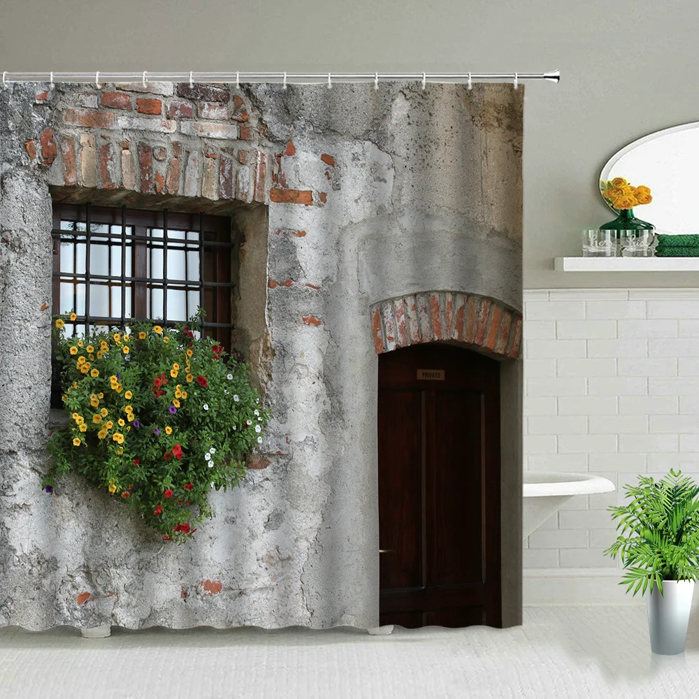 Flowers Spring Scenery Bathroom Set Shower Curtain Street Red Pink Flower Retro Design Garden Wall Decoration Hanging Curtains