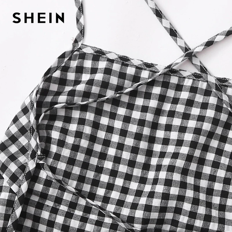 

SHEIN Black and White Lace-up Open Back Buffalo Plaid Cami Romper Women Summer Sleeveless High Waist Wide Leg Boho Playsuits