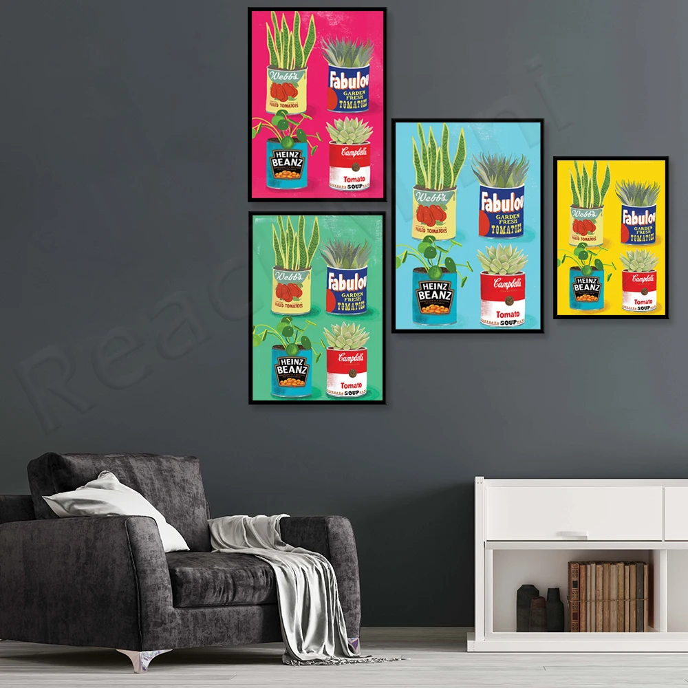 

Campbell Soup Pot Andy Warhol brushes, cactus poster, vintage box decoration of different cacti