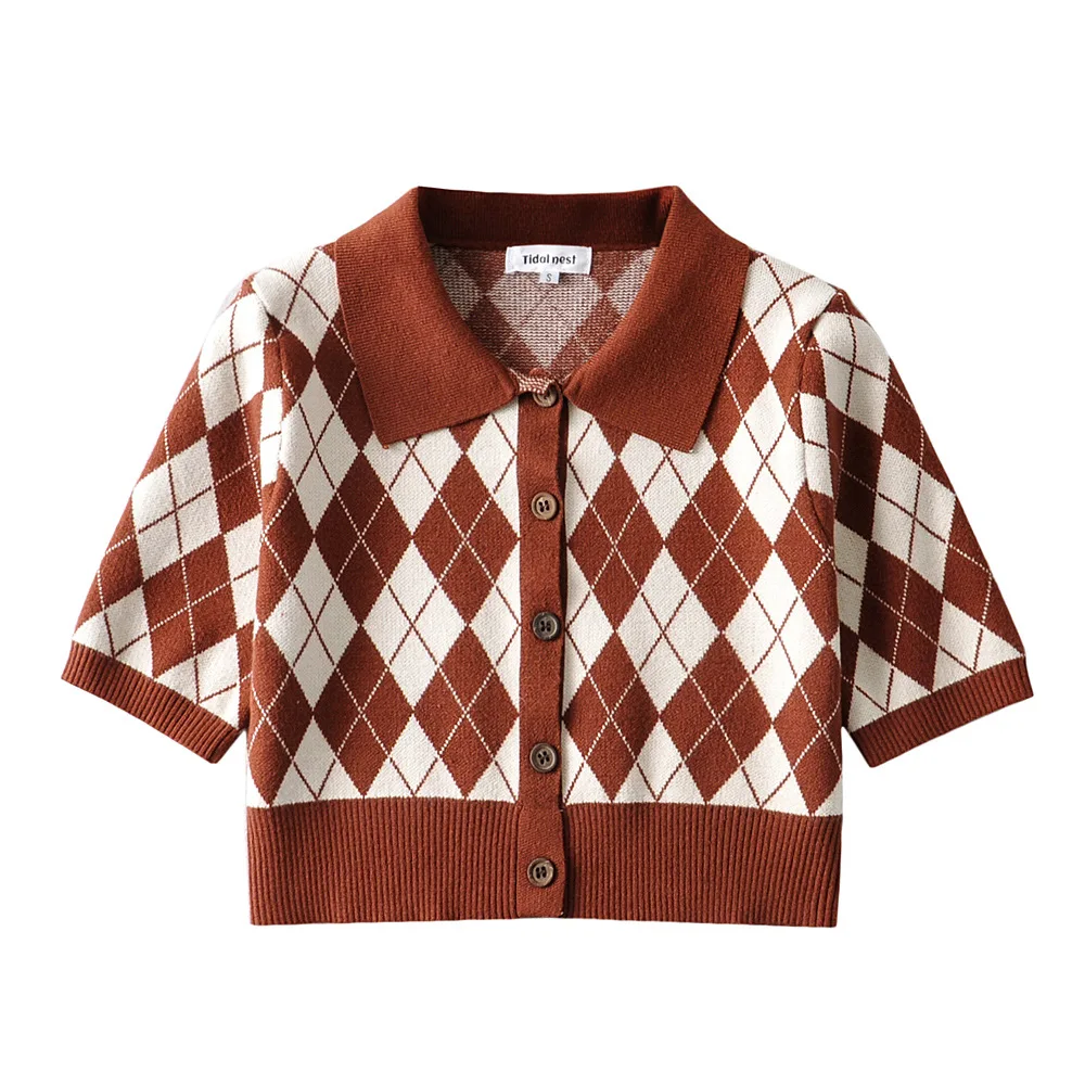 

Женский трикотажный свитер-поло, винтажная хлопковая рубашка-поло в клетку с геометрическим рисунком, летняя уличная одежда, T3313, Y2K