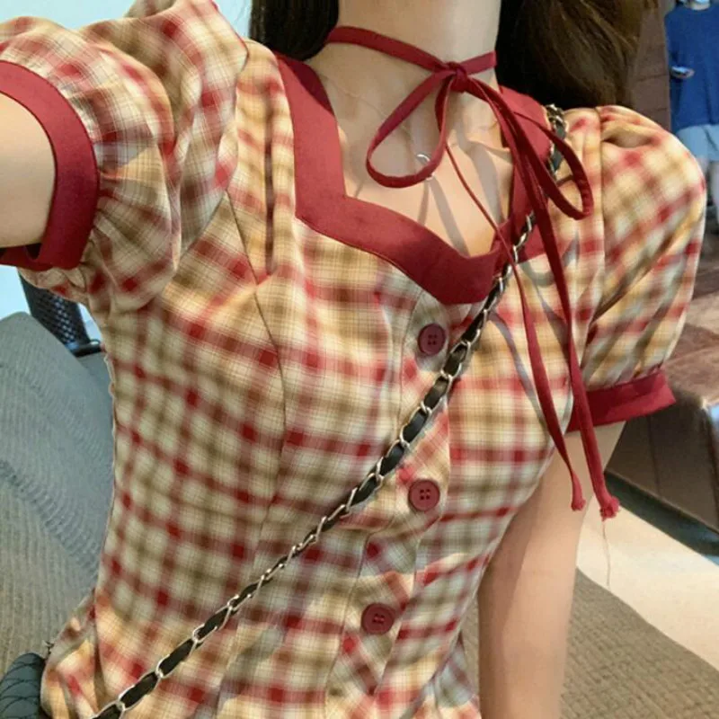 

Short Sleeve Dress Women Vintage Square-collar Plaid Puff-sleeve Halter Button Elegant Lady Sweet Empire Fashion Club Wear Chic