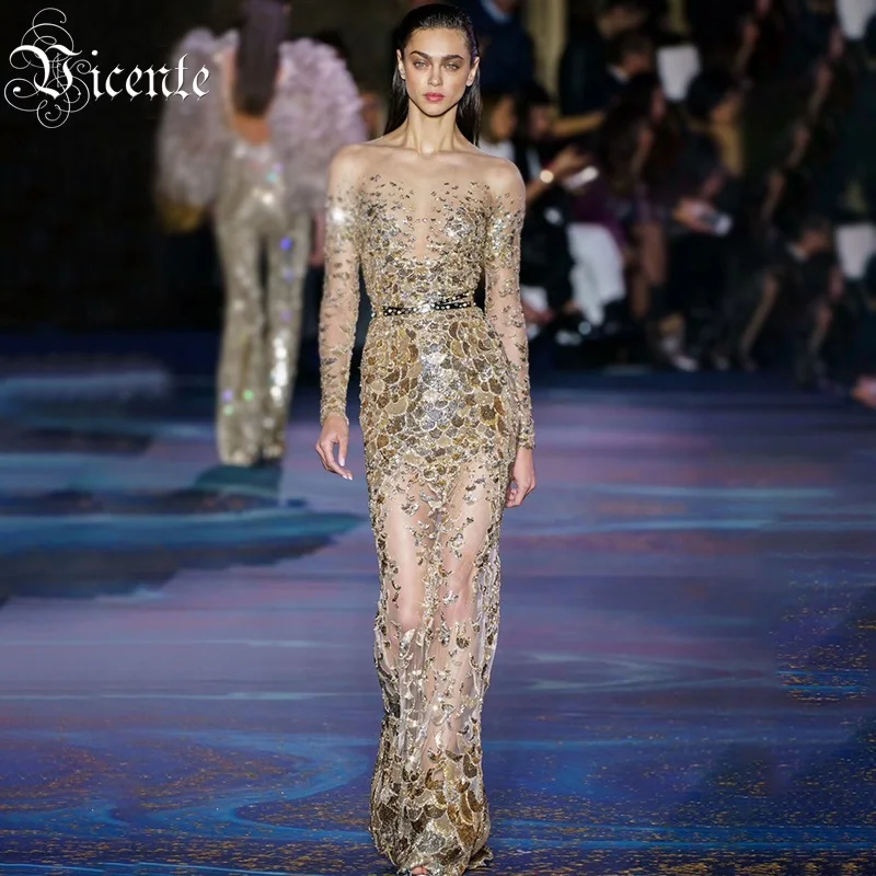 Вечернее Сетчатое платье знаменитости с блестками длинными рукавами и О