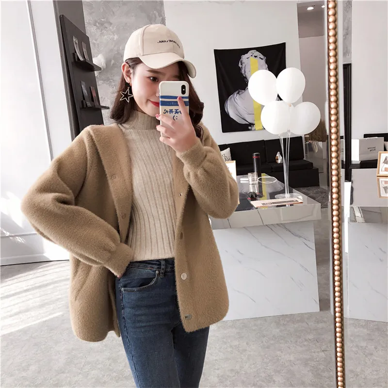 Autumn Winter Mink Cashmere Cardigan Hooded Coat Sweater Women Fashion Button Casual Sweaters Thick Warm Outerwear Female |