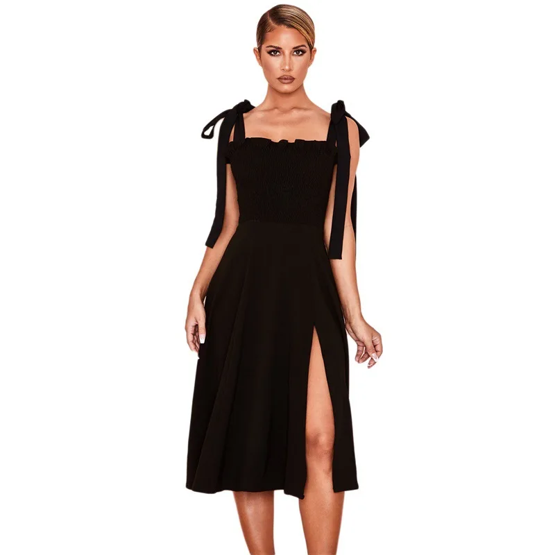 

Spaghetti Strap Sleeveless Black Summer Dress Sexy Night Clubwear Party Dresses Women Side Split mid Dress black 2020 new arrive