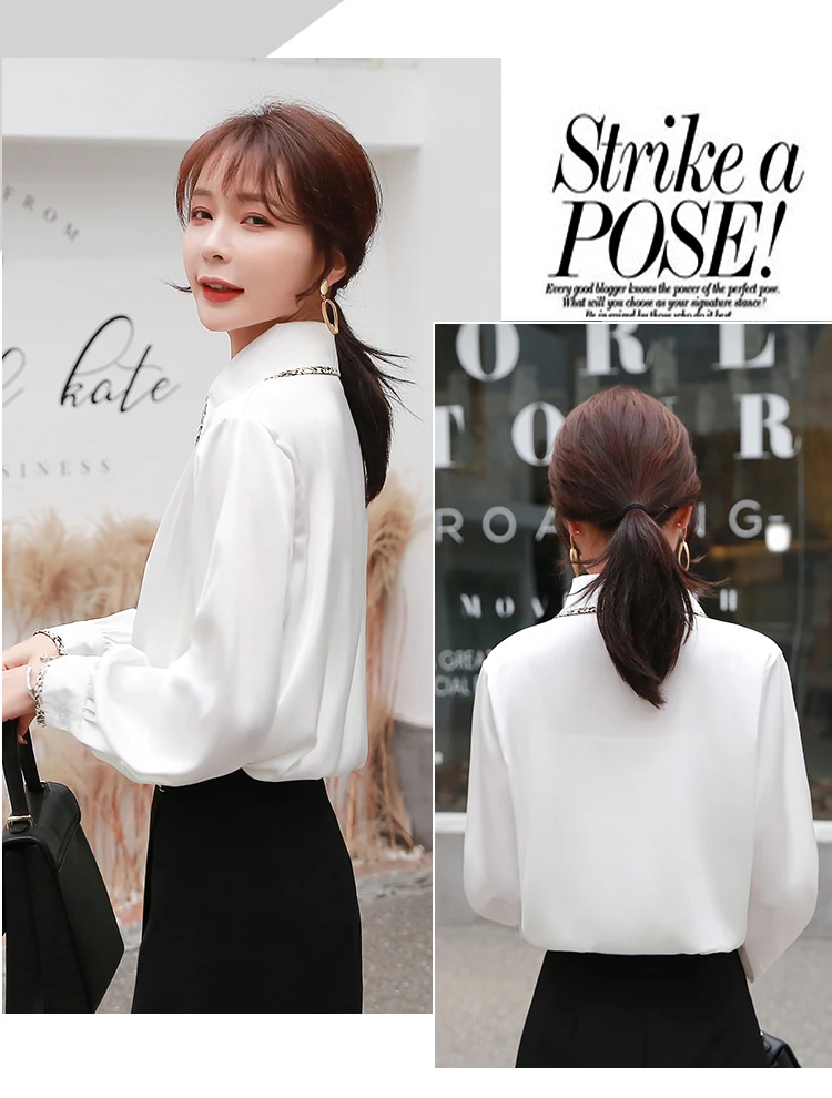 

Houthion Women's Blouse Lapel Korean Comfortable Fashion Casual Shirt Tops Pure Color Stitching New Satin Short-sleeved